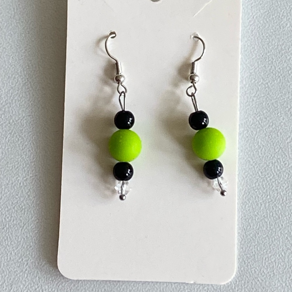 Hand Crafted Green and Black Beaded Dangle Earrings